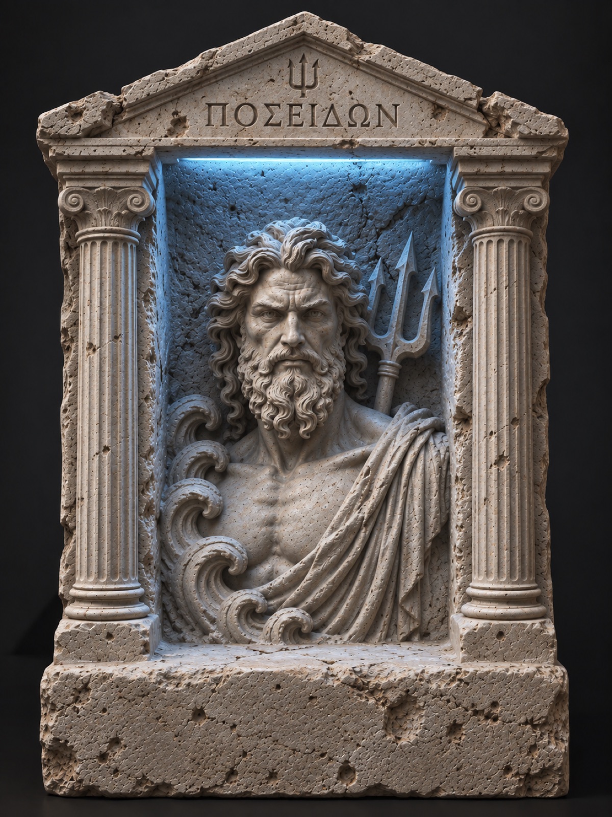Atölyede el yapımı Poseidon ışıklı rölyef